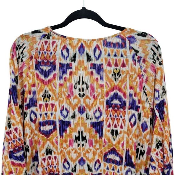 Chicos Multicolor 3/4 Sleeve Boho Peasant Top Sz 3 Ikat‎ Colorful Tribal Rayon - Picture 7 of 9